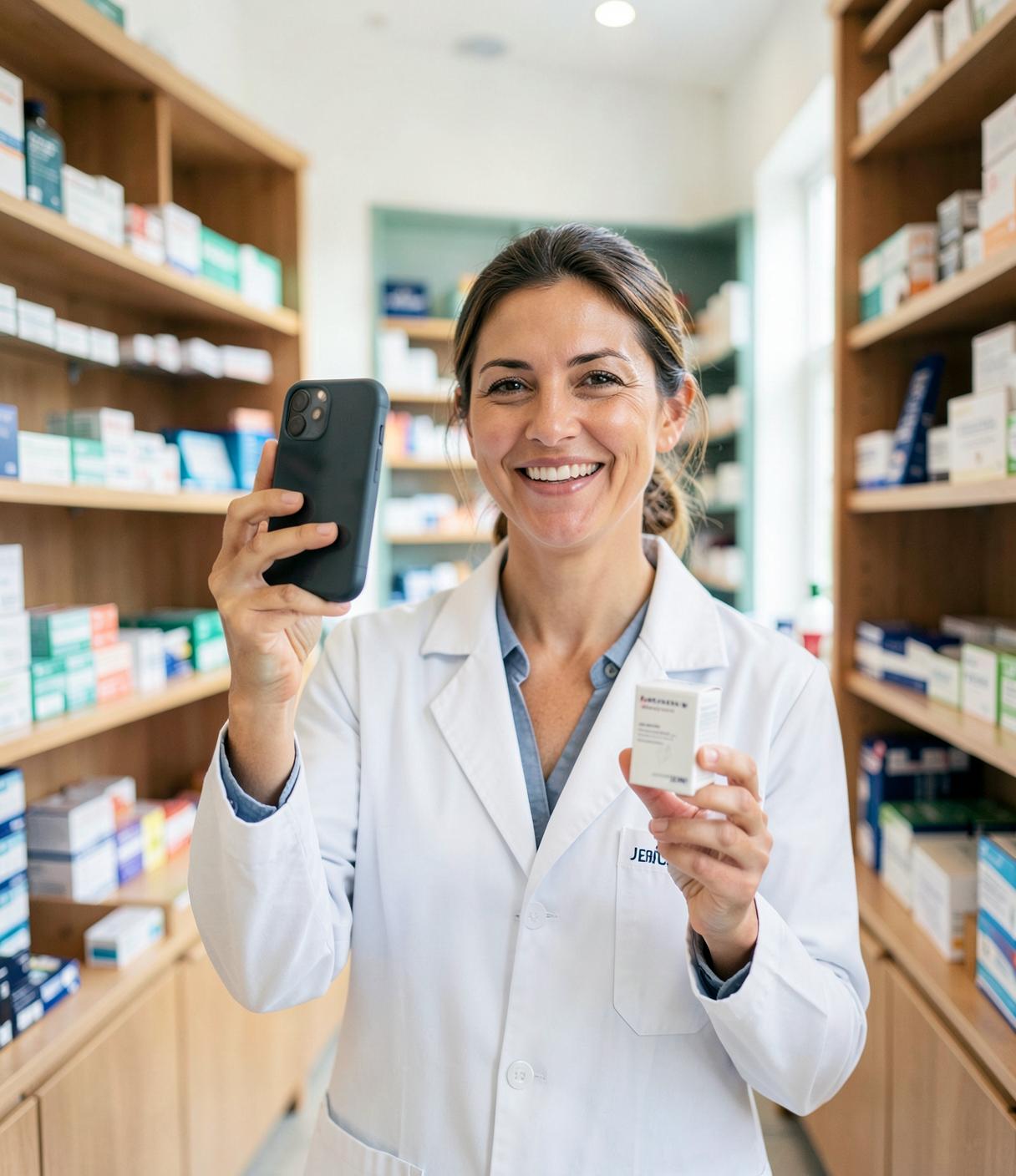 Pharmacienne créatrice de contenu filmant une vidéo verticale dans une officine moderne